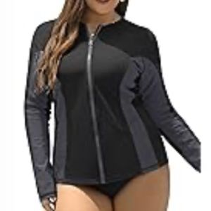 Long Sleeve Rash Guard Top Zipper Swimsuit Swim Shirt